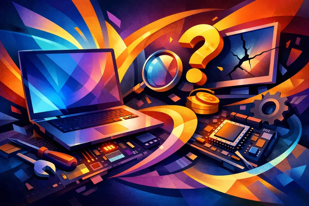 Colorful digital illustration featuring a laptop, circuit board, magnifying glass, question mark, and gear symbols representing tech repair and IT services.