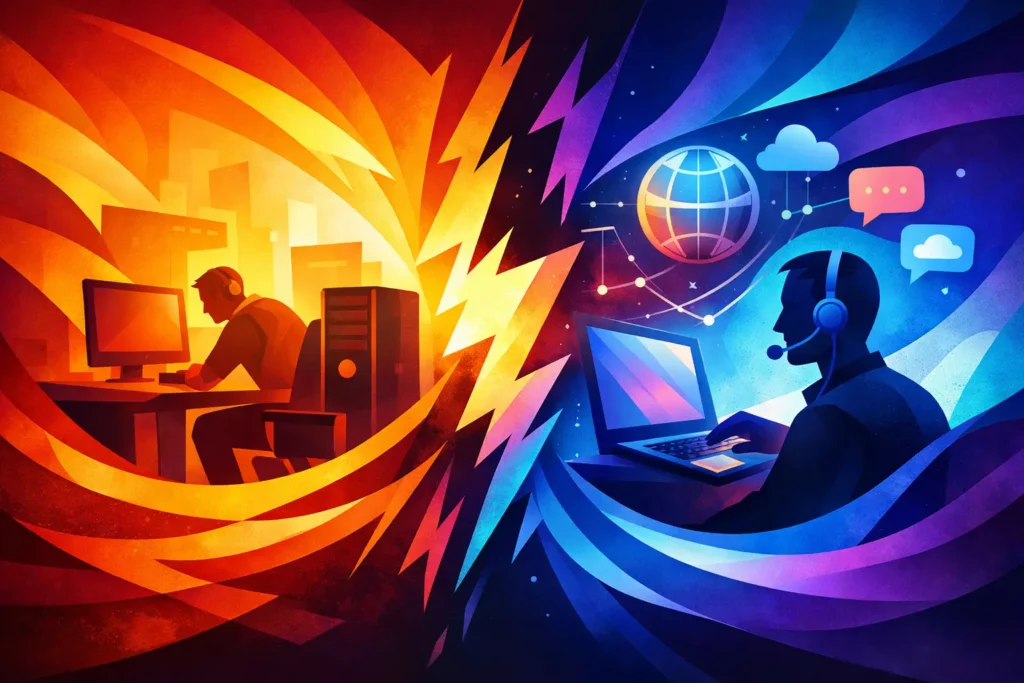Illustrated contrast of overheated computer on left with flames against cool, connected technician on right with global network symbols.